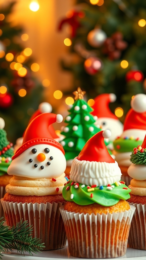 A collection of Christmas cupcakes decorated with festive designs like snowmen and Christmas trees on a holiday-themed table.